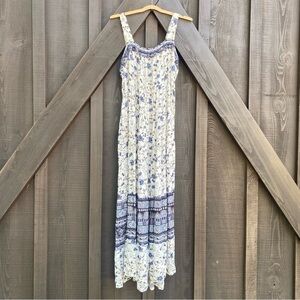 Floral Maxi Dress Blue White Cottagecore Bohemian Sleeveless Flowy Dress SZ M